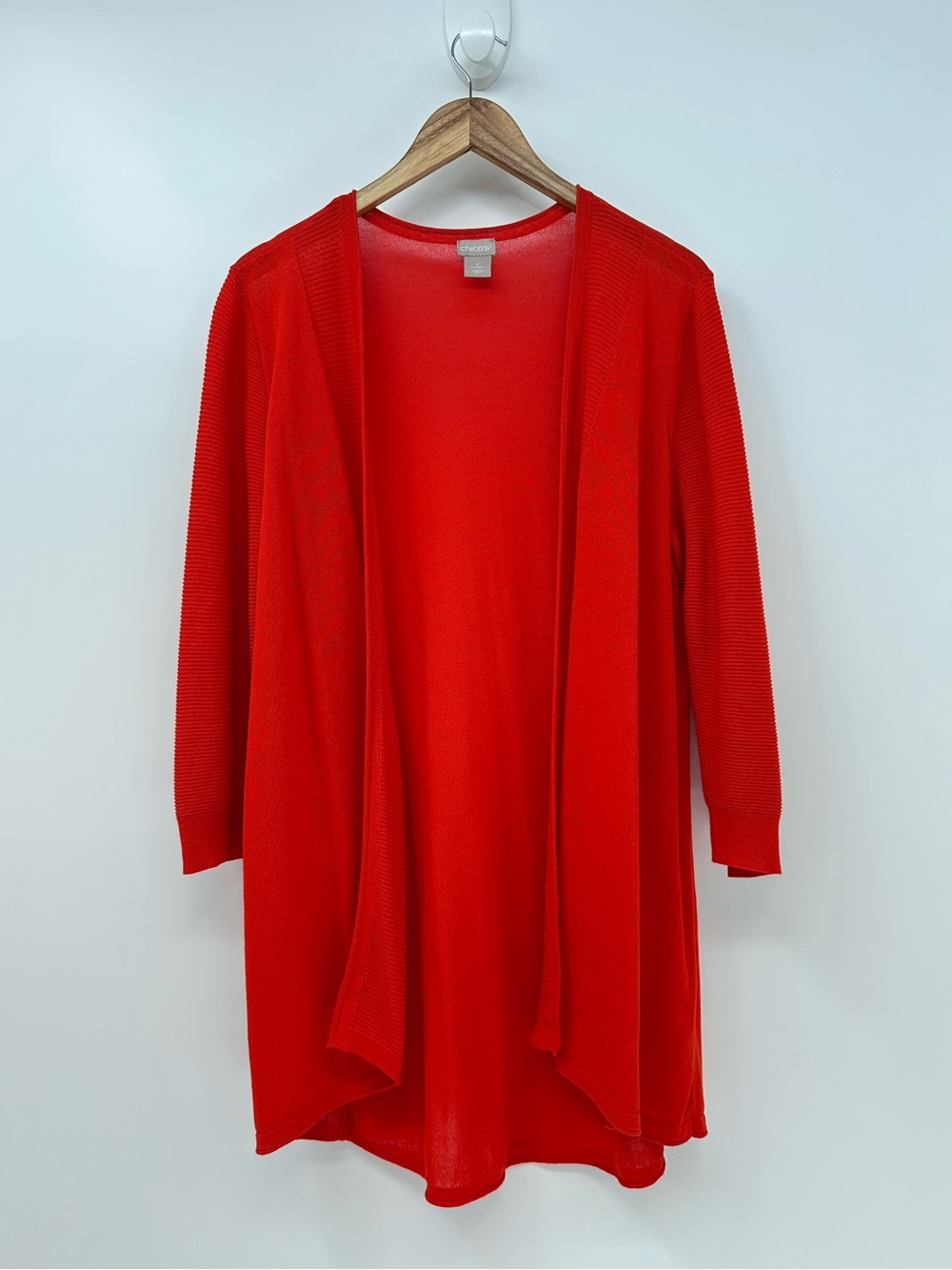 Chico's Lagenlook Sheer Ribbed Open Front Duster Red Size L